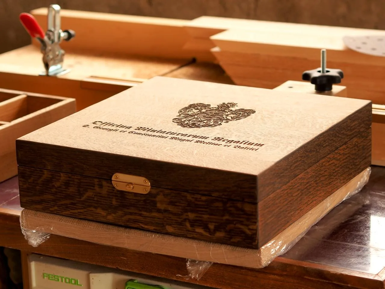 The oak collector's chest on the workbench in our carpentry shop